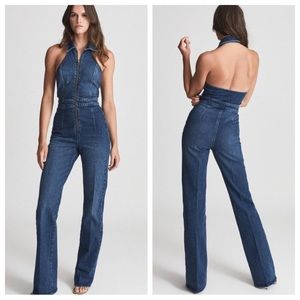 Reiss Pennie Denim Halter wide leg Jumpsuit tag is 12 but fits like an 8